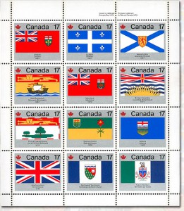 Canada Post featured the flags of the 12 provinces and territories making up Canada in 1979 for this stamp sheet.